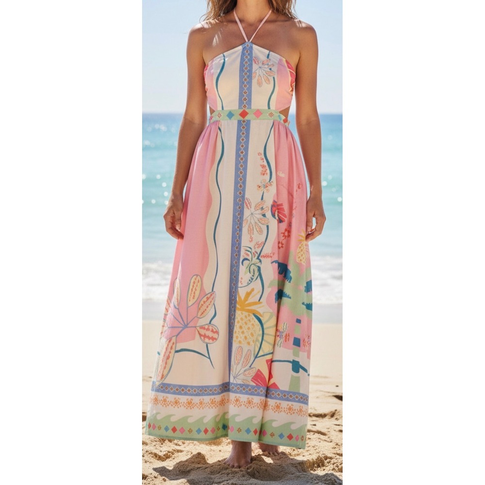 Womens Tropical Halter Maxi Dress Pink Blue Floral Cut Out Open Back Boho Summer